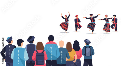 A diverse audience watches a group of performers in traditional costumes doing a cultural folk dance.
