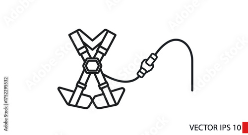 Black and white line drawing of a safety harness with a lanyard.