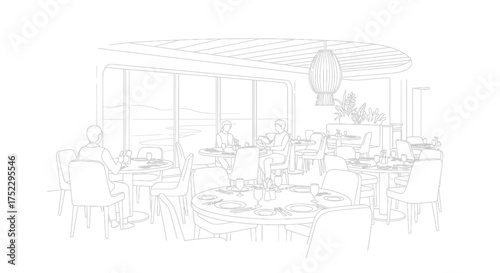 Elegant Restaurant Interior Sketch with Dining Tables and Chairs.