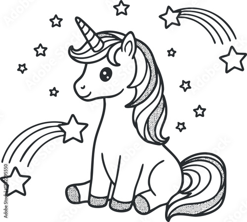 A cute unicorn illustration featuring stars and a rainbow, perfect for children's coloring activities.