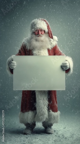 Santa Claus Holding a Blank Sign in Snowy Winter Landscape With Falling Snowf...