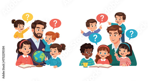 Male teachers educating diverse children with questions and a globe fostering learning.