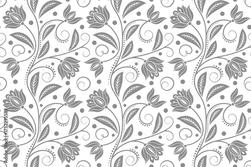 Elegant grey floral seamless pattern with decorative leaves and blossoms, classic ornamental design for wallpaper, fabric, wrapping, invitation, and stylish background decoration.