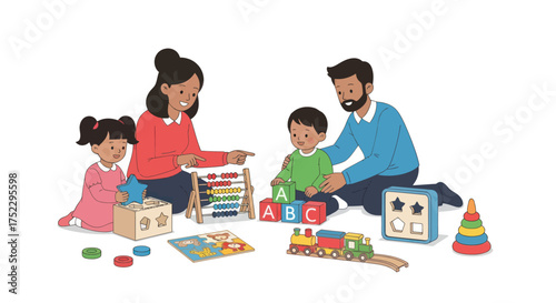 A happy diverse family of four playing together with educational toys and blocks on the floor.