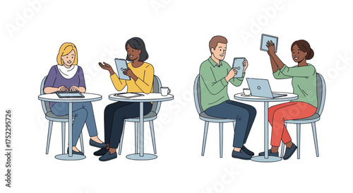 Diverse people using digital tablets and laptop at cafe tables for modern communication and collaboration.