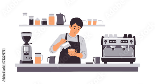 Barista Pouring Milk into Coffee Cup at Counter with Espresso Machine.