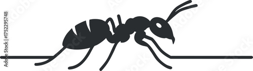 Illustration of a black silhouette of an ant on a simple line background.