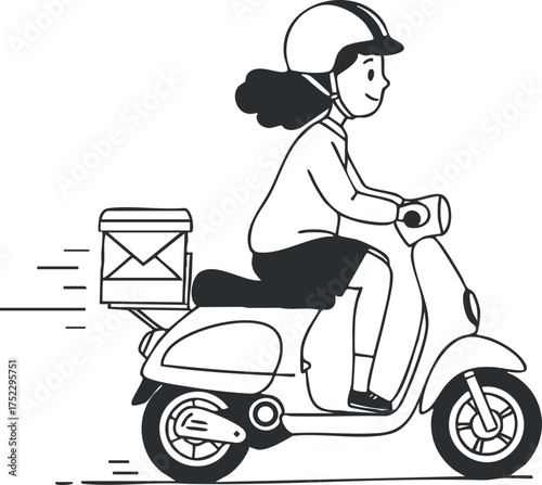 A cartoon illustration of a woman riding a scooter for delivery in an urban setting.