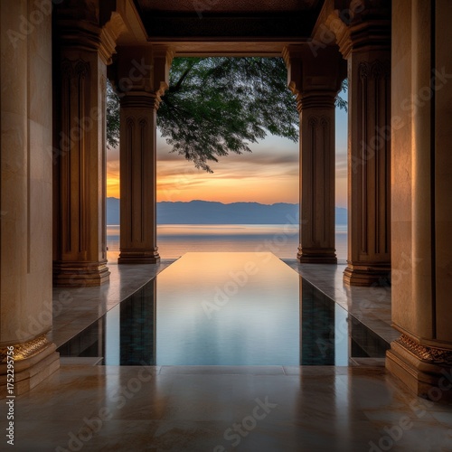 A serene architectural view features elegant columns framing a tranquil pool, reflecting a vibrant sunset over a calm lake, Ideal for wellness, travel, or luxury lifestyle content,