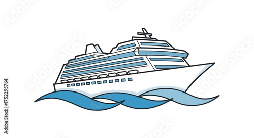 Cartoon illustration of a large white cruise ship on blue waves.