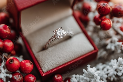 Elegant Diamond Ring Displayed in a Red Box Surrounded by Festive Decorative ...