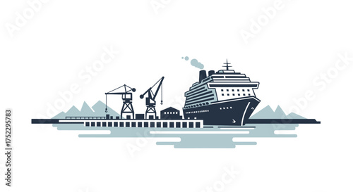 Large Cruise Ship Docked at Industrial Port with Cranes.
