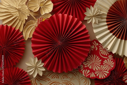 Colorful Paper Fans in Red and Gold Arranged for Decoration During a Celebration