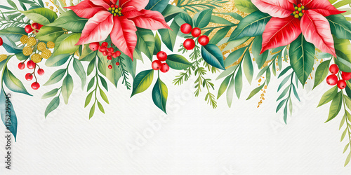 Lush Floral Christmas Border with Vibrant Poinsettias, Evergreen Leaves, and Festive Botanical Holiday Decorations in Watercolor Style