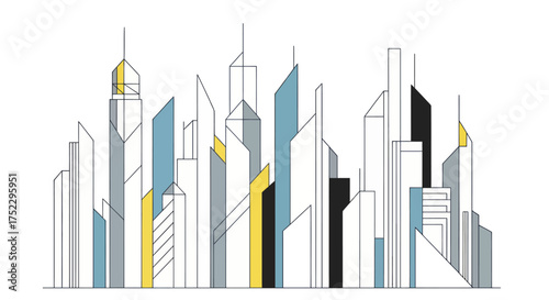 Stylized Modern City Skyline Illustration with Geometric Buildings.