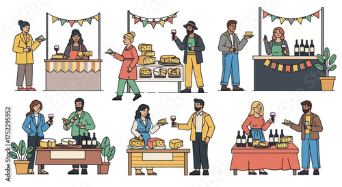 Diverse People Enjoying Food and Drinks at Market Stalls.