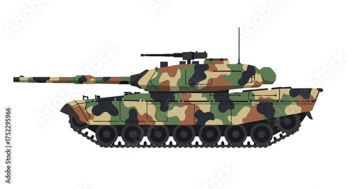 Camouflaged Military Tank with Long Gun Barrel and Turret.
