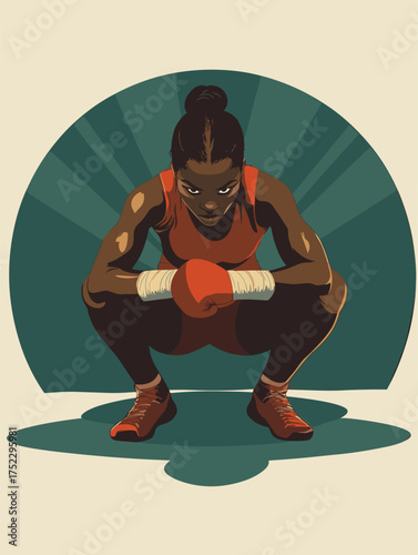 African female boxer crouching in defensive stance, taped hands, serious face, spotlight floor circle