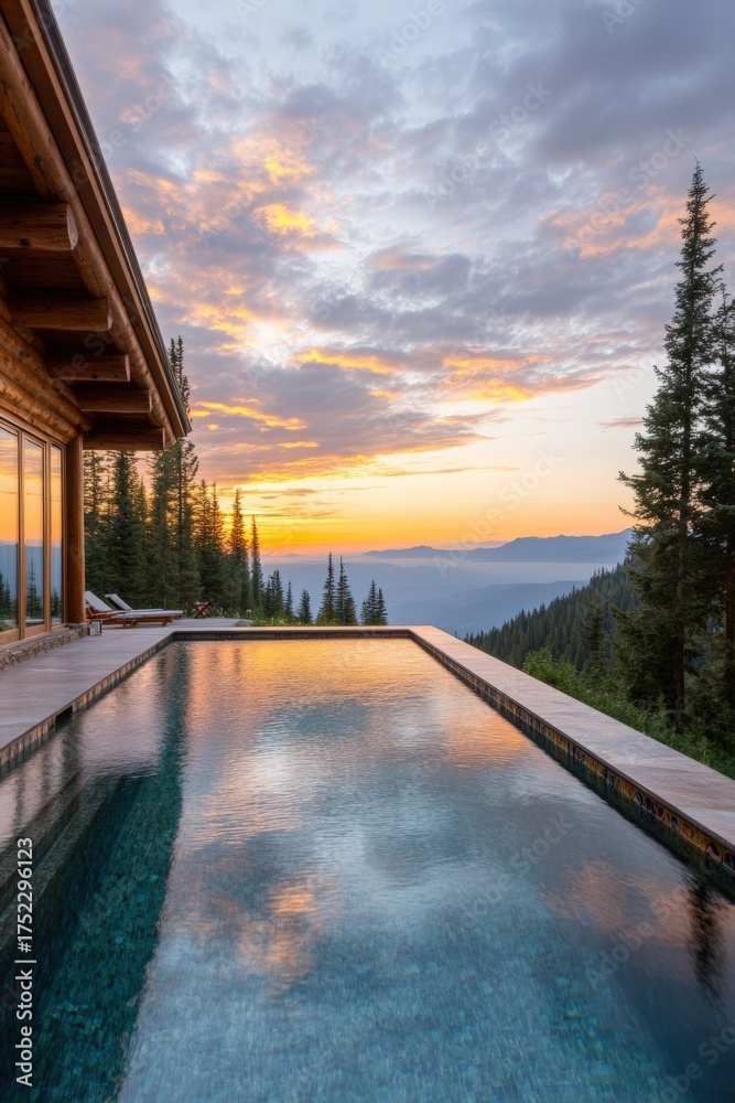 Obraz premium A serene mountain retreat showcasing a modern pool reflecting a stunning sunset, framed by tall trees and panoramic views, Ideal for travel brochures, vacation rentals, or nature-related promotions,
