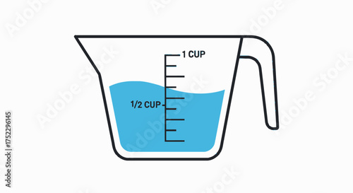 Simple line art illustration of a measuring cup filled with half a cup of blue liquid.
