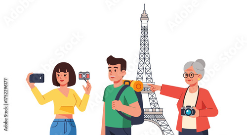 Tourists taking photos in front of the Eiffel Tower in Paris France.
