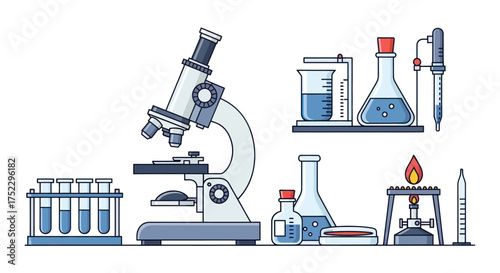 Essential scientific laboratory equipment set: microscope test tubes flasks and Bunsen burner.