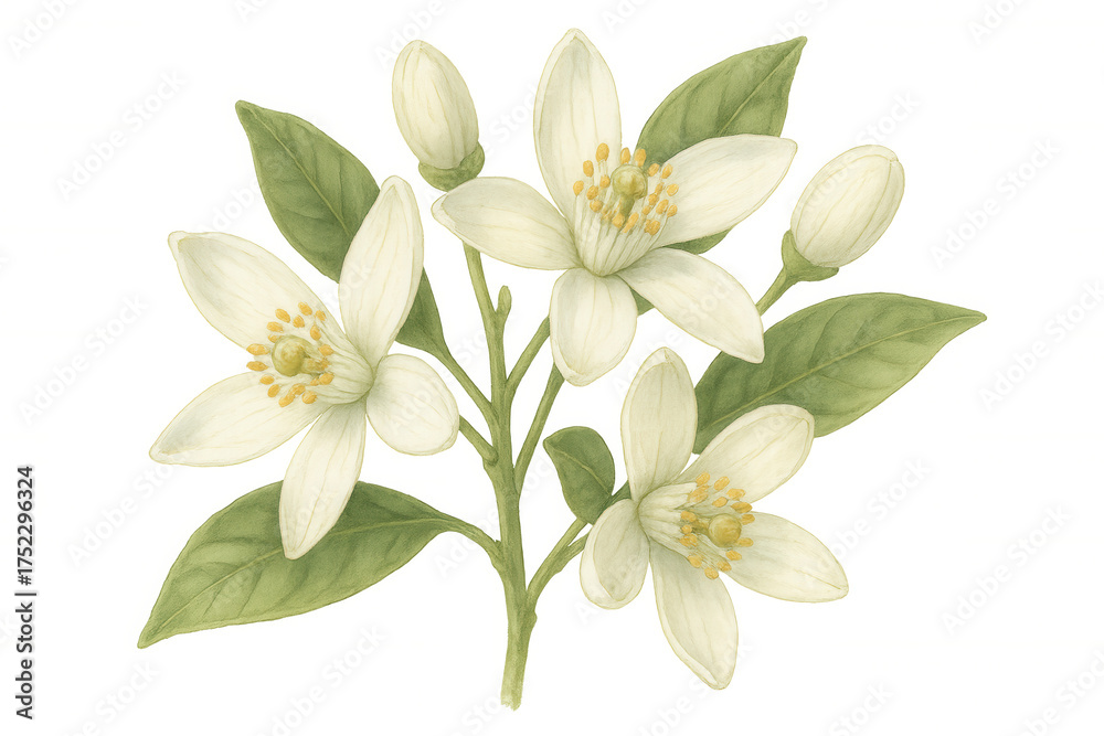 Fototapeta premium Citrus blossoms developing and fragrant orange flower buds opening, creating a natural botanical design