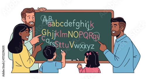 Children Learning Alphabet with Teachers at Chalkboard.