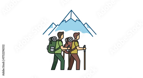 Line art illustration of two hikers with backpacks and trekking poles in the mountains.