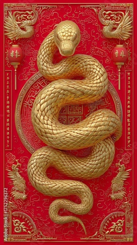 Golden Snake Sculpture on Red Background Represents Prosperity and Strength i...