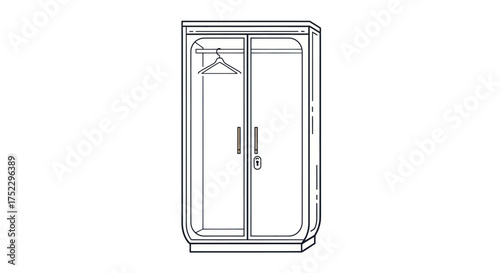 Line Art Illustration of a Modern Wardrobe with Hanger and Double Doors.