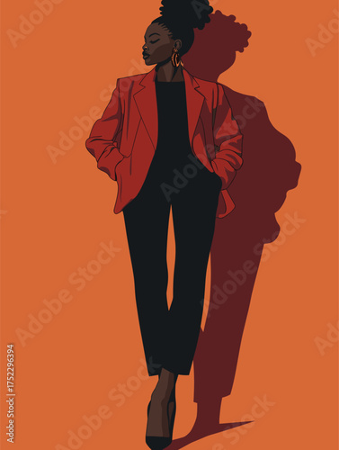 flat vector fashion model pose of African woman in oversized blazer and heel
