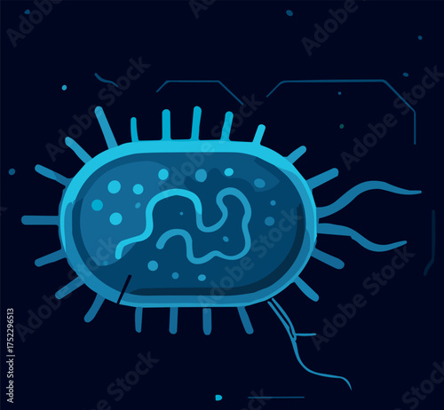A modern flat vector illustration of a glowing blue bacterial cell with flagella on a dark digital background, symbolizing microbiology and futuristic biotechnology concepts.