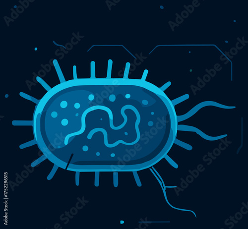 A modern flat vector illustration of a glowing blue bacterial cell with flagella on a dark digital background, symbolizing microbiology and futuristic biotechnology concepts.
