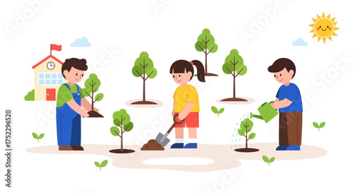 Children planting trees in a schoolyard with a watering can and shovel.