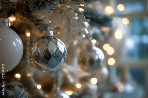 Decorative Christmas Ornaments Hanging on a Green Pine Tree With Warm Lights ...
