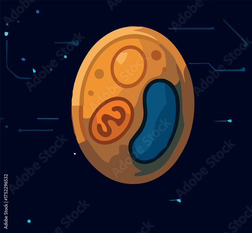 A glowing flat vector illustration of a fungal cell in warm orange and blue tones on a dark futuristic background, symbolizing microbiology and scientific education.