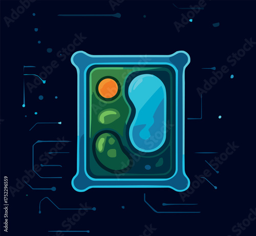 A detailed  illustration of a plant cell in green and blue hues, featuring organelles within a glowing rectangular structure, ideal for educational and scientific visuals.