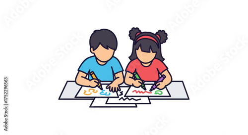 Two Children Drawing Together Boy and Girl Creating Art Kids with Crayons.