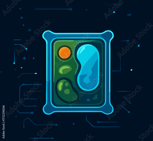 A detailed  illustration of a plant cell in green and blue hues, featuring organelles within a glowing rectangular structure, ideal for educational and scientific visuals.