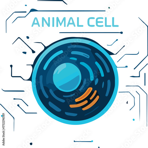 A futuristic flat vector illustration of an animal cell in glowing blue and orange tones with labeled title, symbolizing biological science and digital education.