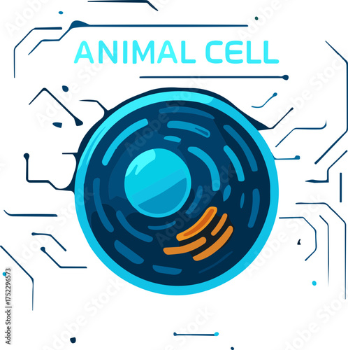 A futuristic flat vector illustration of an animal cell in glowing blue and orange tones with labeled title, symbolizing biological science and digital education.