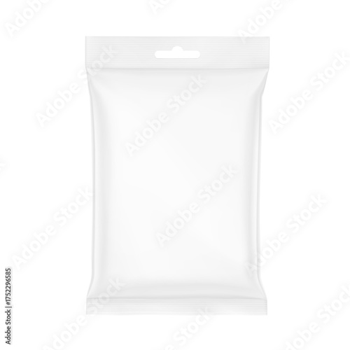 Blank realistic pillow bag with hang slot mockup. Front view. Vector illustration isolated on white background. Perfect to create your final pack shot. EPS10.
