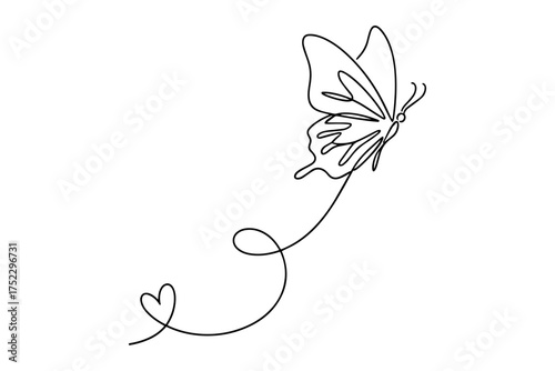 Continuous Line Drawing of Butterfly with Heart Trail,
Elegant Black Line Art on White Background