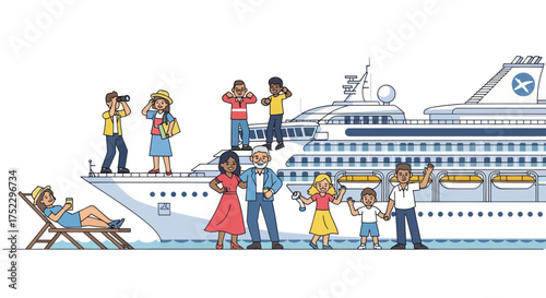 Diverse Cartoon People Enjoying a Large Cruise Ship Vacation.