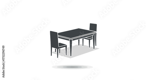 Simple dark gray dining table with two chairs.