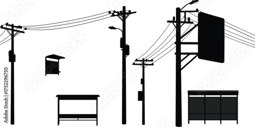 Silhouette utility poles, bus stop shelters, electrical transformers, power lines, streetlights, signage, urban infrastructure, electricity distribution, public transport design, 