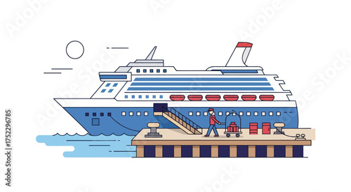 Large blue cruise ship docked at a pier with passengers and luggage.
