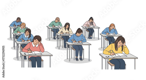 Students taking an exam in a classroom setting focused on their test papers.