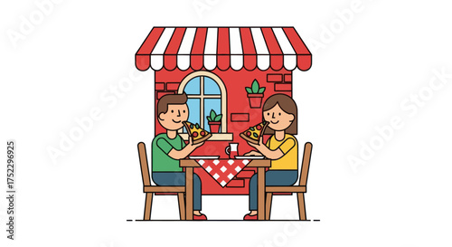 Couple Enjoying Meal at Outdoor Cafe with Striped Awning and Brick Facade.
